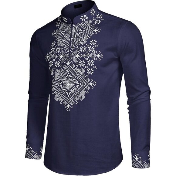 Men's Blue Shirt Long Sleeve Floral Print Casual Cotton Beach Hippie  T Shirt - Picture 8 of 9
